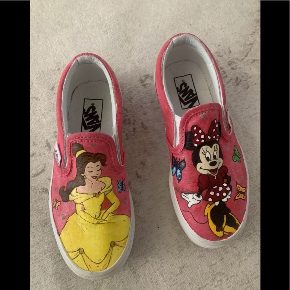 Custom Hand Painted Vans Disney Belle Minnie Mouse Slip On Shoes Girls 12.5 Pink